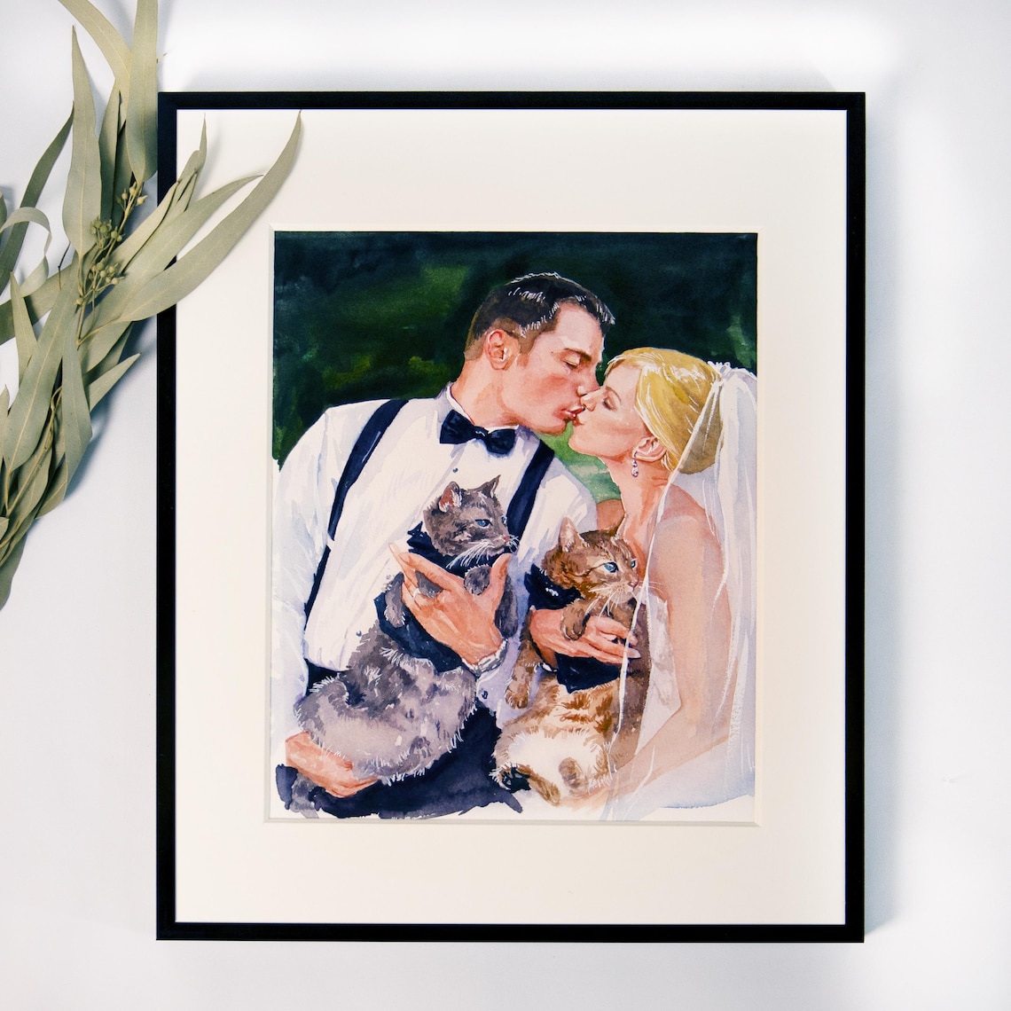 Newlyweds Kissing with Two Bow Tied Cats Watercolor Portrait Poster