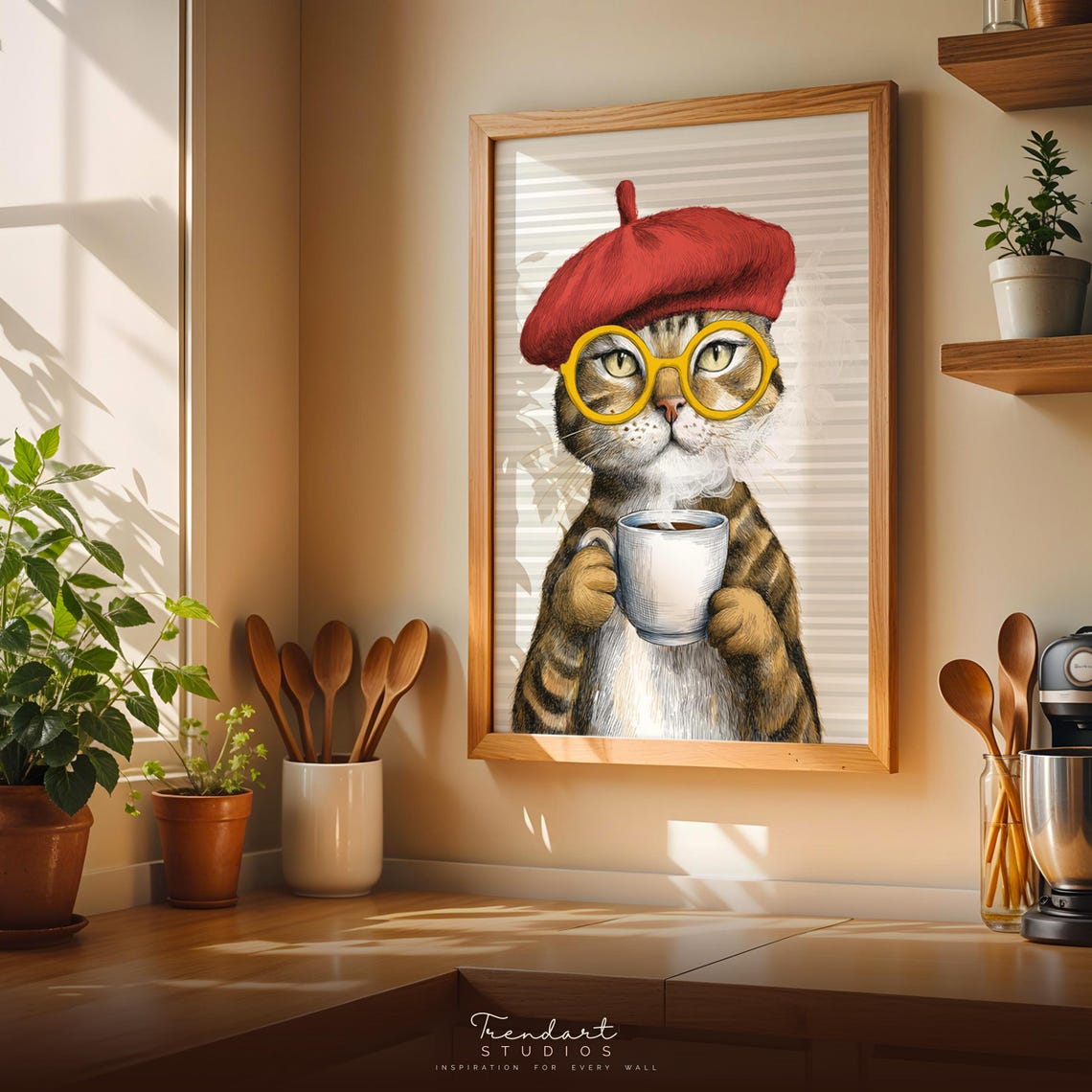 French Cat Red Beret Yellow Glasses Coffee Cup Whimsical Art Poster