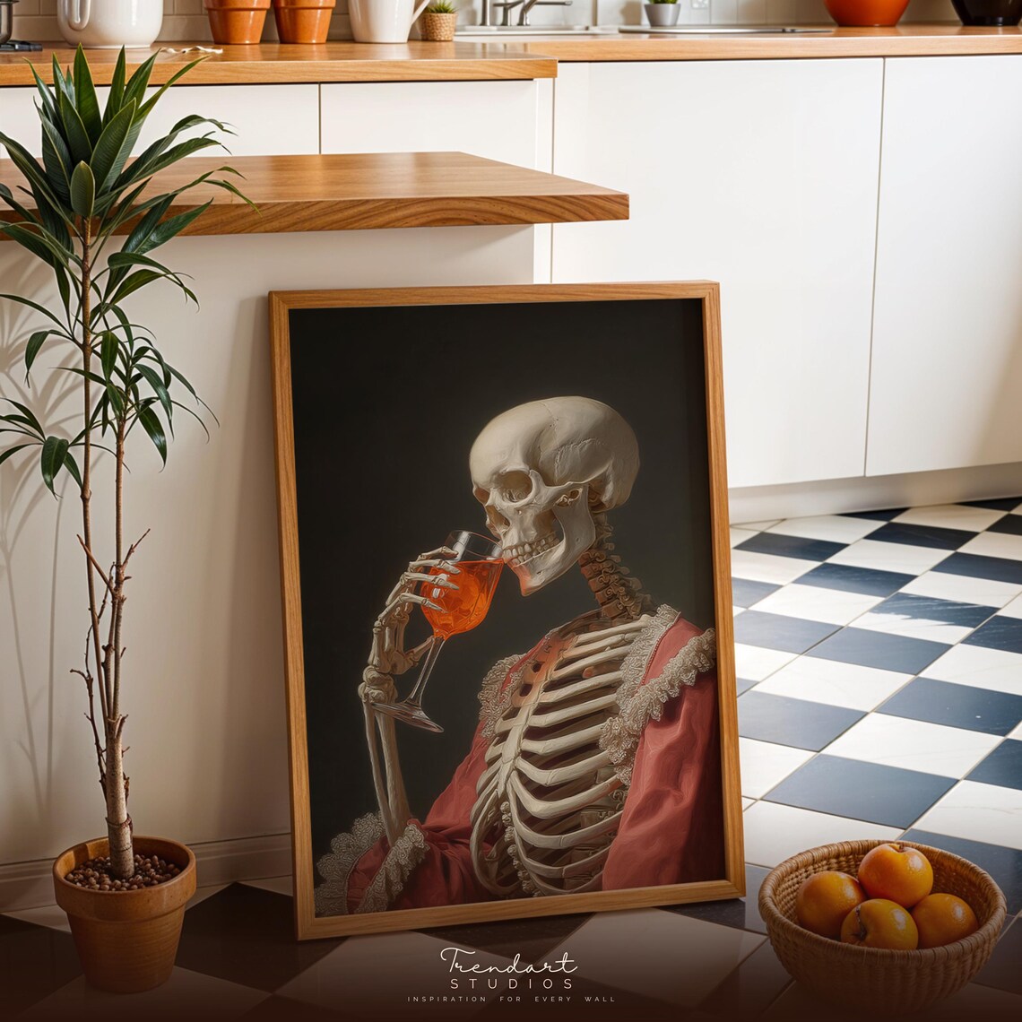 Funny Wall Art Skeleton Bar Cart Maximalist Dark Academia Halloween Decor Da00042