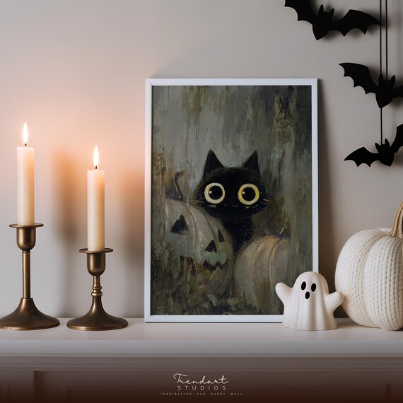 Spooky Wall Art Black Cat Pumpkin Painting Dark Academia Halloween Decor Moody Vintage Print Da00022