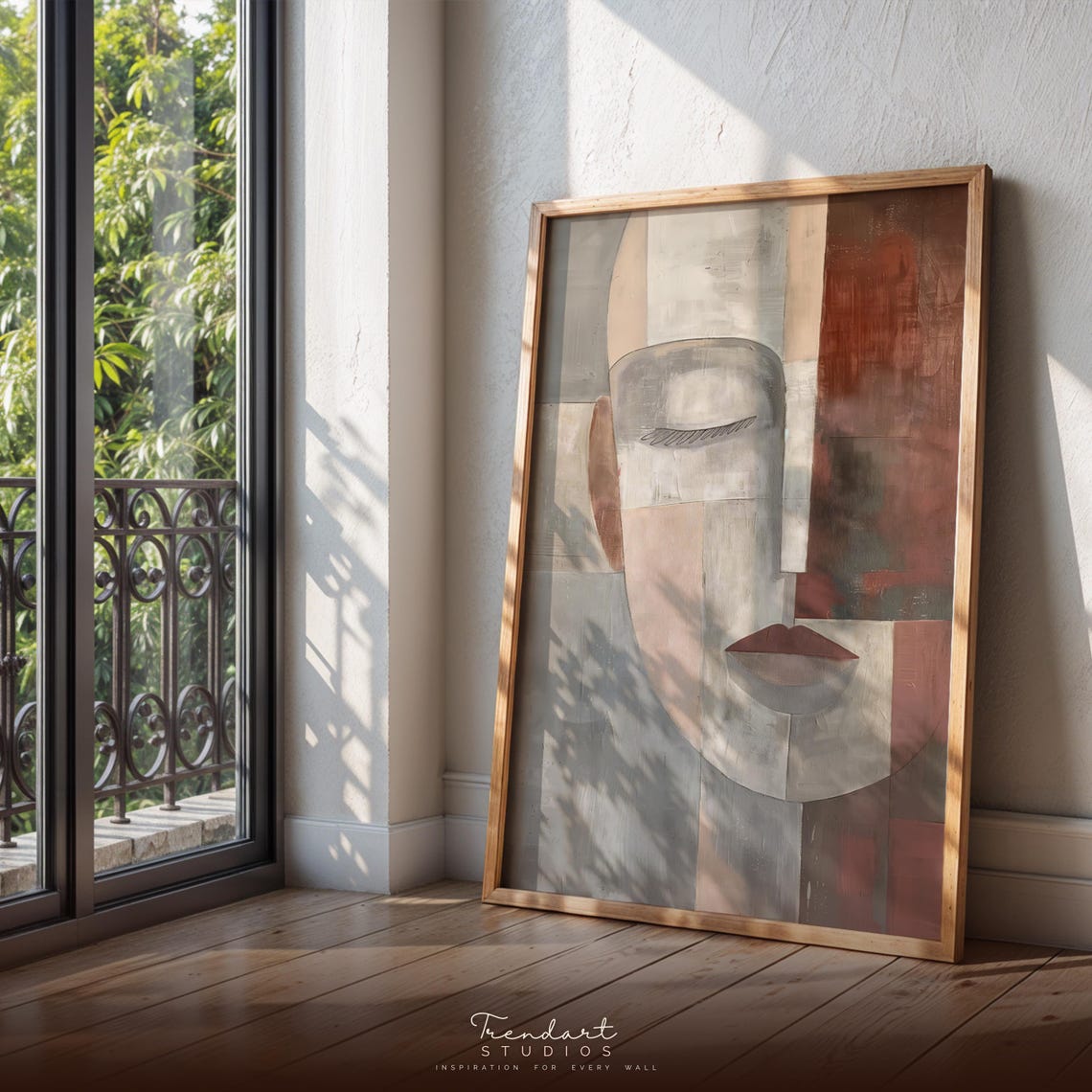 Cubist Portrait Abstract Geometric Face Earth Tones Modern Poster