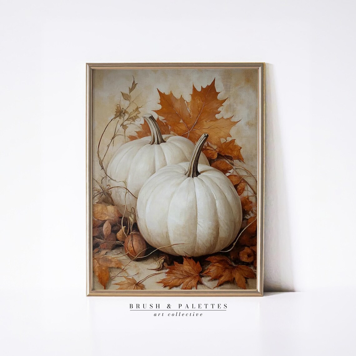 White Pumpkins With Autumn Leaves Fall Harvest Still Life Poster