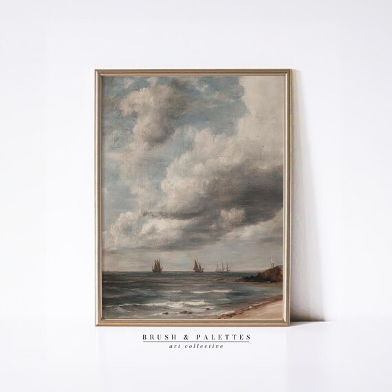 Vintage Sailing Ships Cloudy Seaside Oil Painting Dramatic Coast Poster