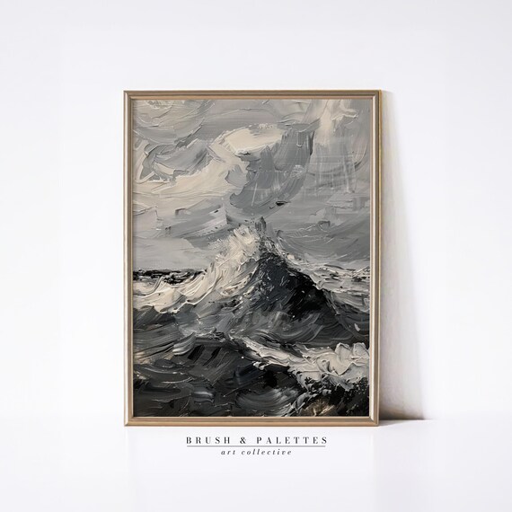 Black and White Ocean Wave Abstract Seascape Impasto Painting Poster