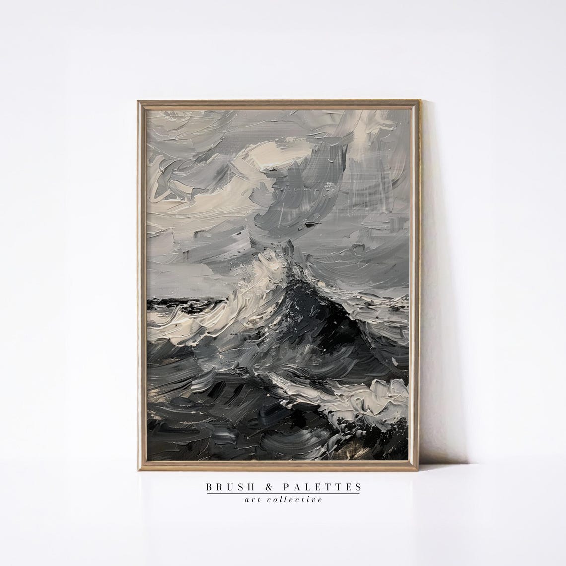 Black and White Ocean Wave Abstract Seascape Impasto Painting Poster
