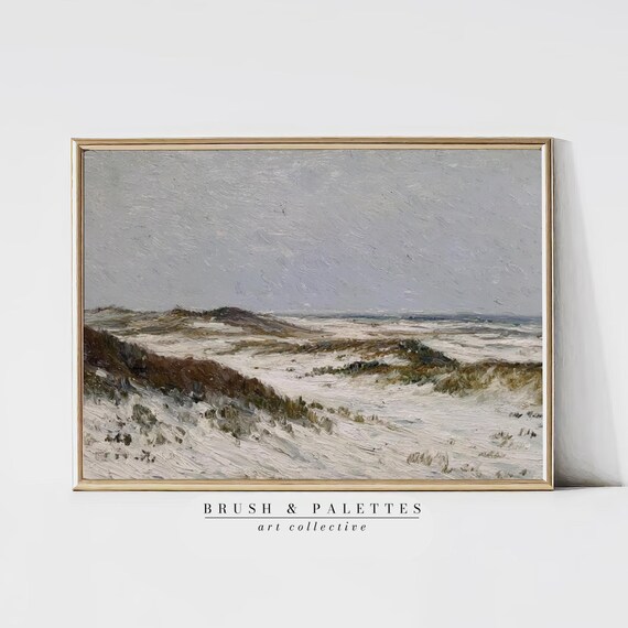 Snow Covered Coastal Dunes In Winter Soft Neutral Landscape Painting Poster