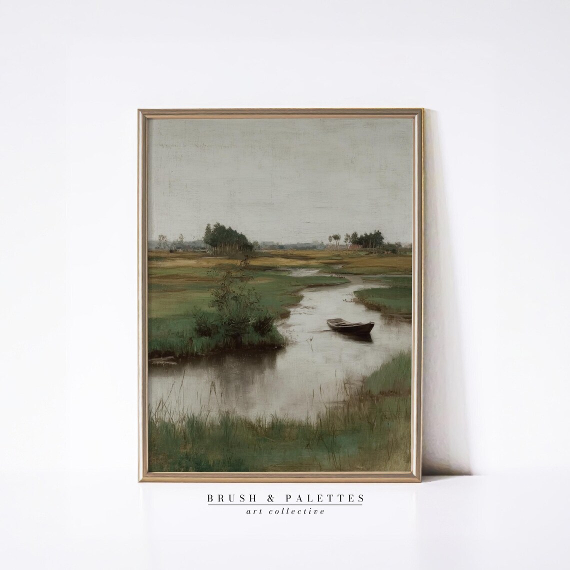 Dutch River Wetland Landscape Lone Boat Neutral Oil Painting Poster