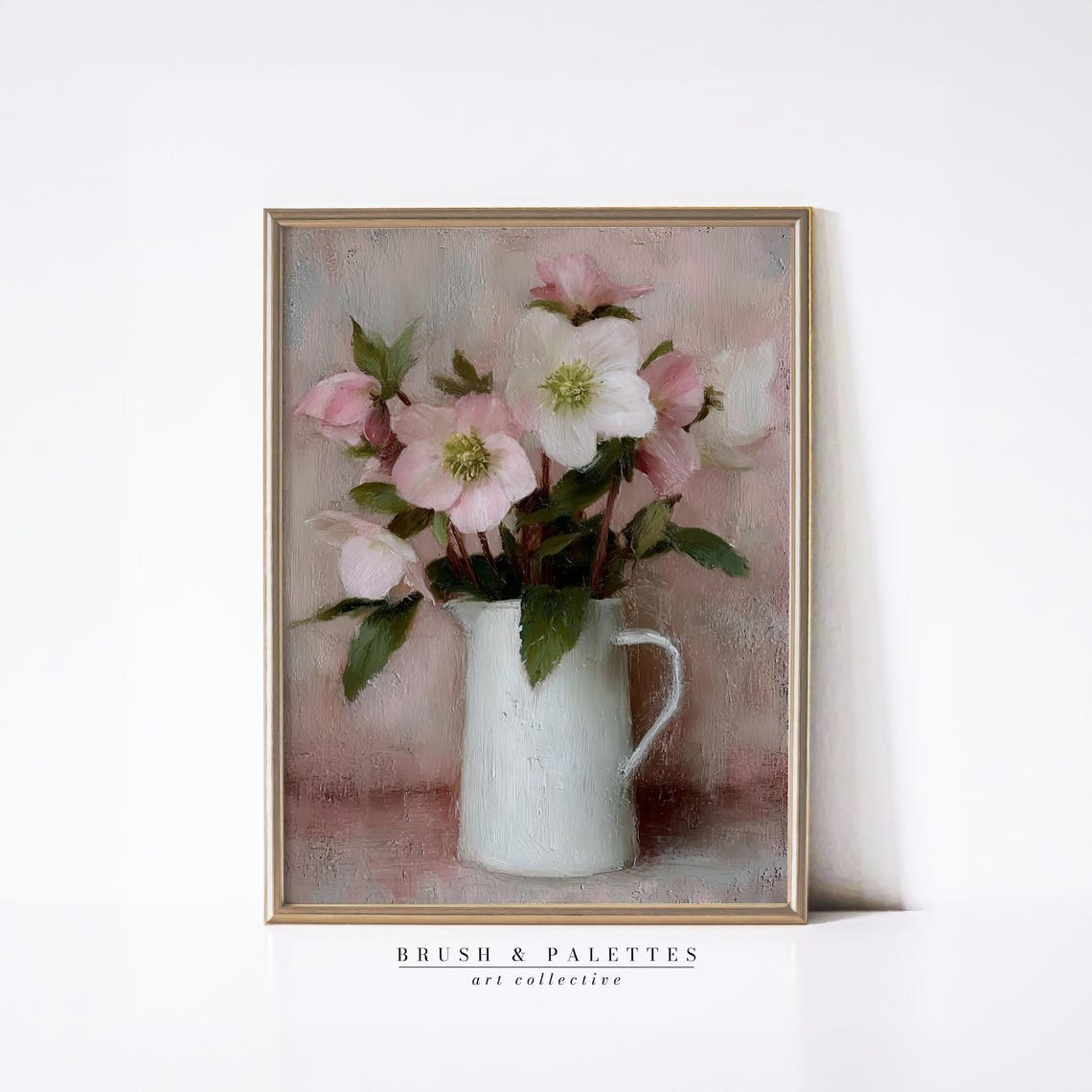 Soft Pink Blossoms In White Jug Romantic Floral Still Life Print