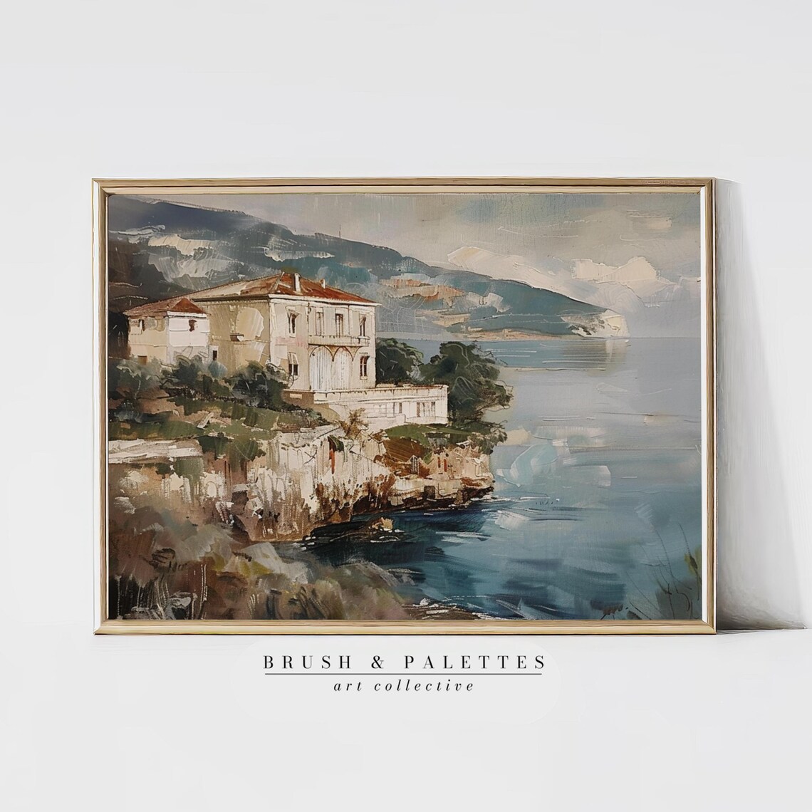 European Coastal Villa On Cliff Vintage Seaside Oil Painting Poster