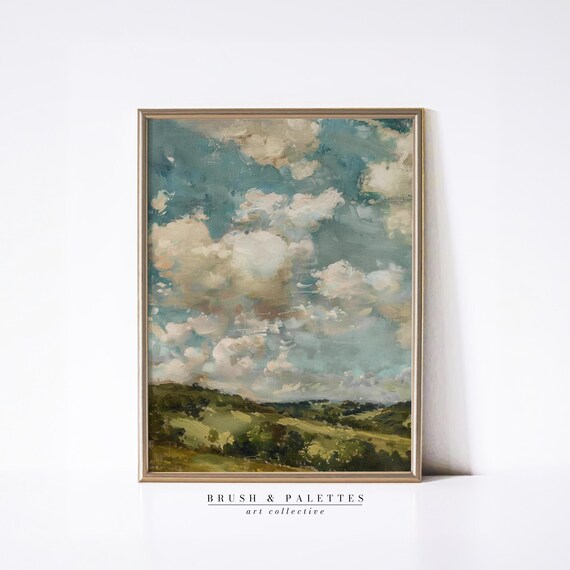 Cloudy Sky Landscape Art Print, Soft Pastel Countryside