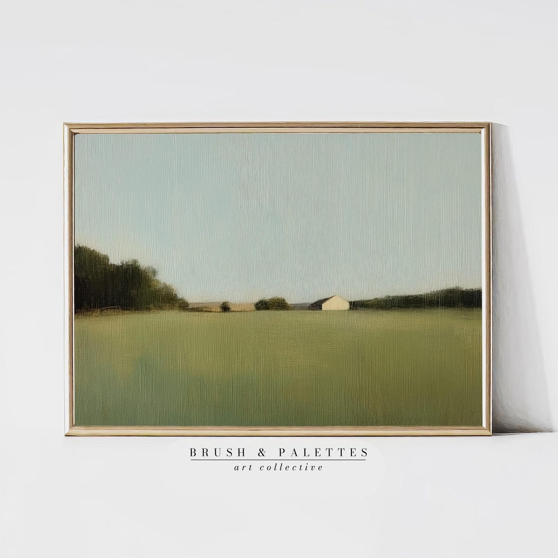 Minimal Green Field Distant Barn Textured Neutral Landscape Art Poster