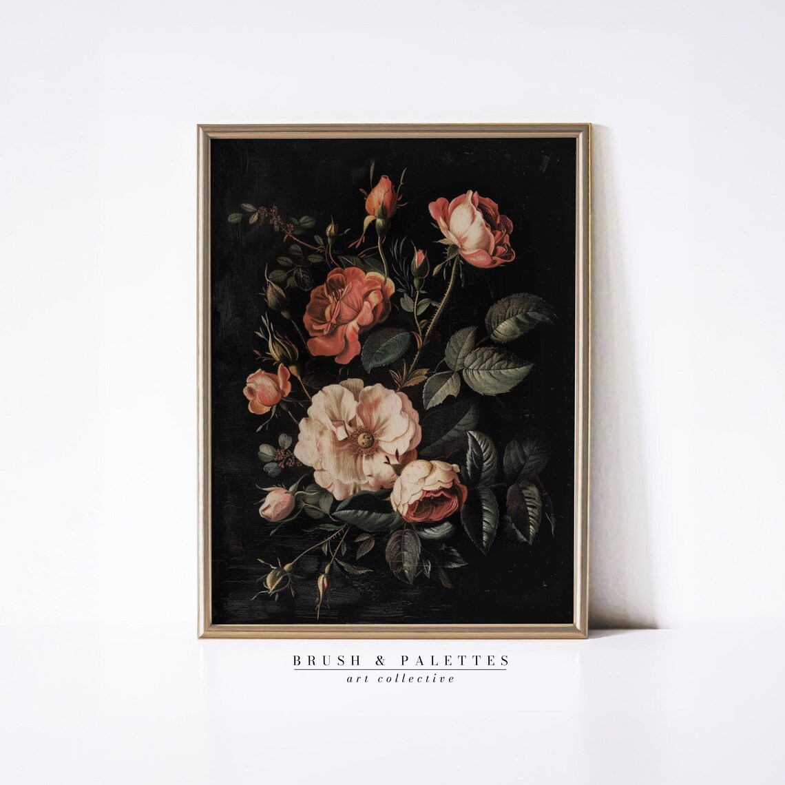 Vintage Roses on Black Background Romantic Floral Painting Poster