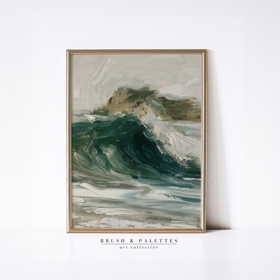 Sage Green Abstract Ocean Wave Painting Neutral Coastal Wall Art