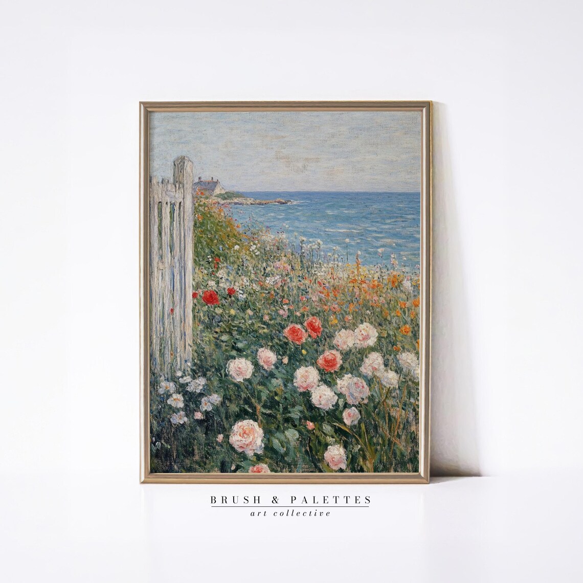 Seaside Rose Garden Impressionist Painting Coastal Floral Wall Art