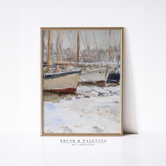 White Sailboats At Harbor Impressionist Marina Painting Poster