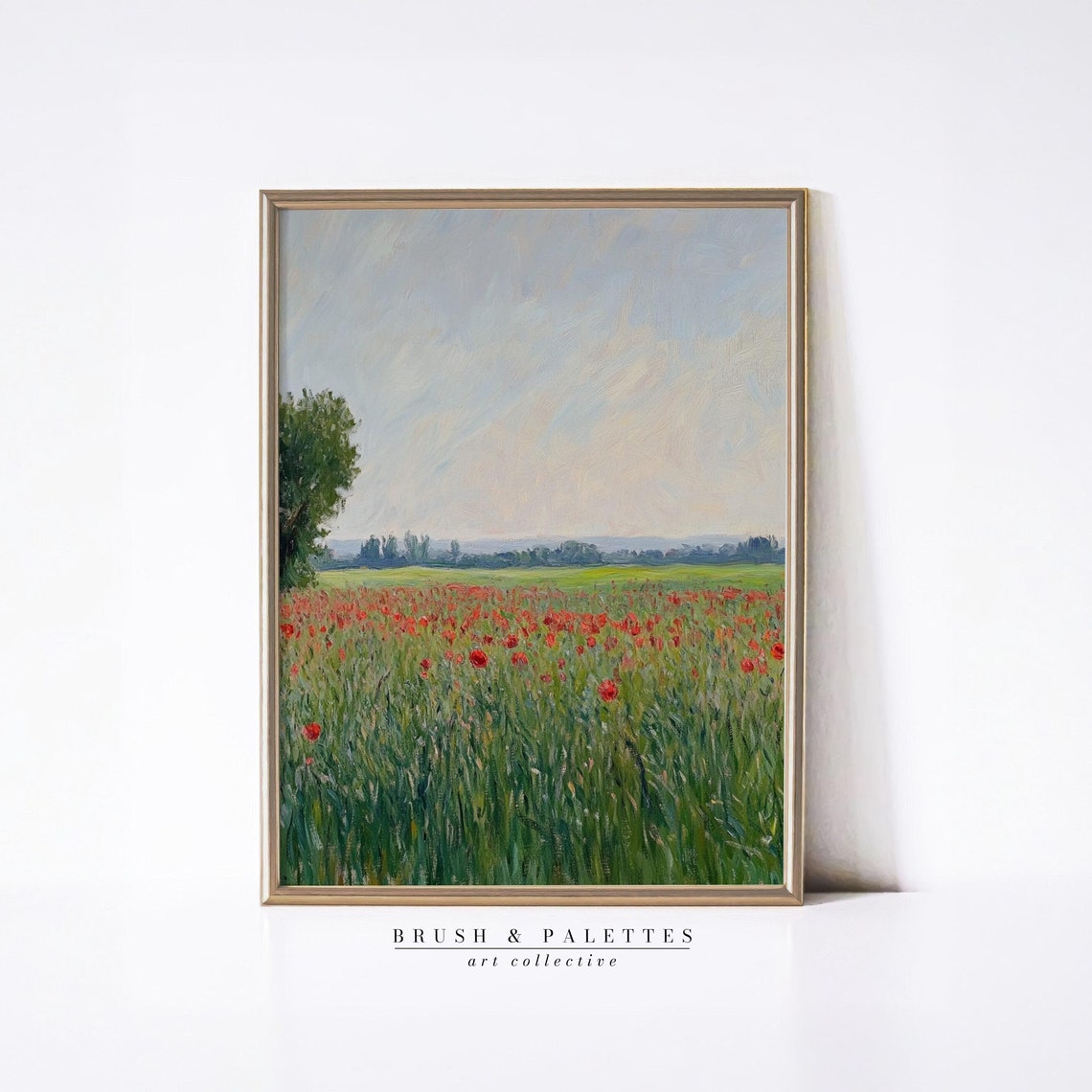 Red Poppy Field Green Meadow Soft Blue Sky Impressionist Print