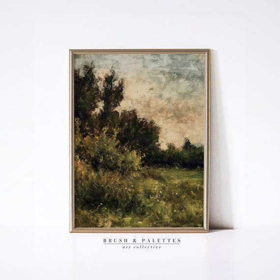 Rustic Landscape Oil Painting Lush Greenery Dramatic Sky Art Nature Wall Decor For Farmhouse And Country Homes