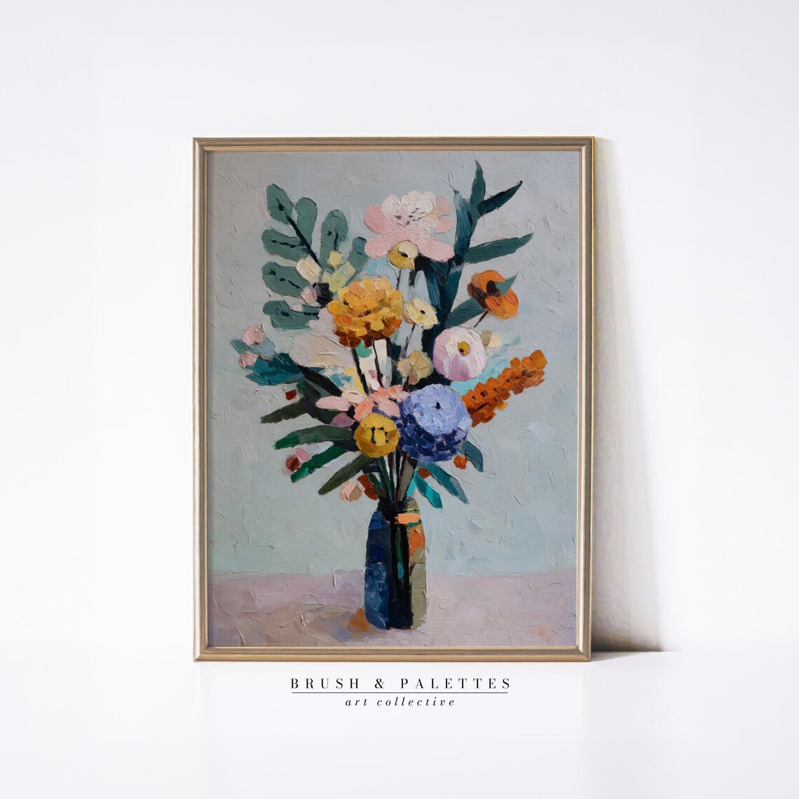 Colorful Flower Bouquet In Blue Vase Expressive Painting Poster