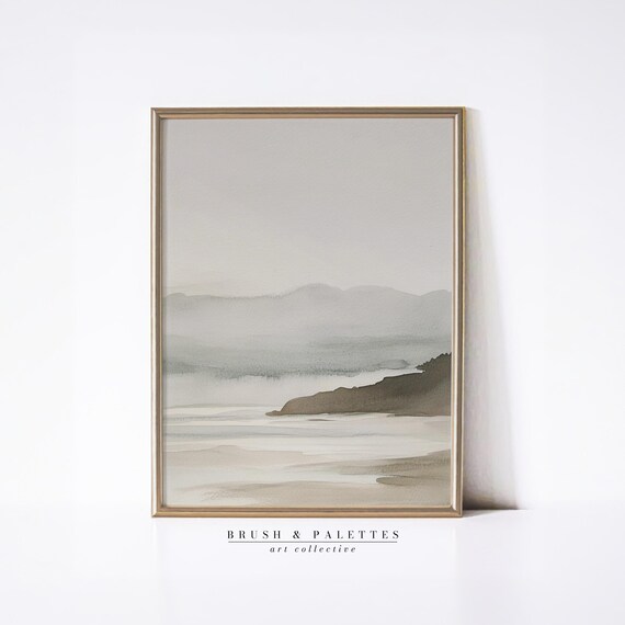 Misty Coastal Watercolor Seaside Landscape Neutral Tones Wall Art