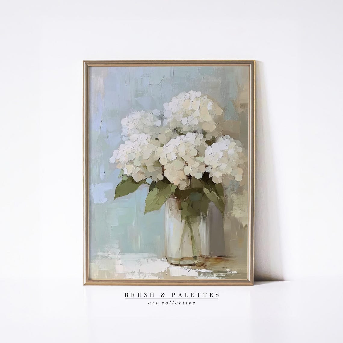 White Hydrangea In Glass Vase Soft Floral Still Life Painting Poster
