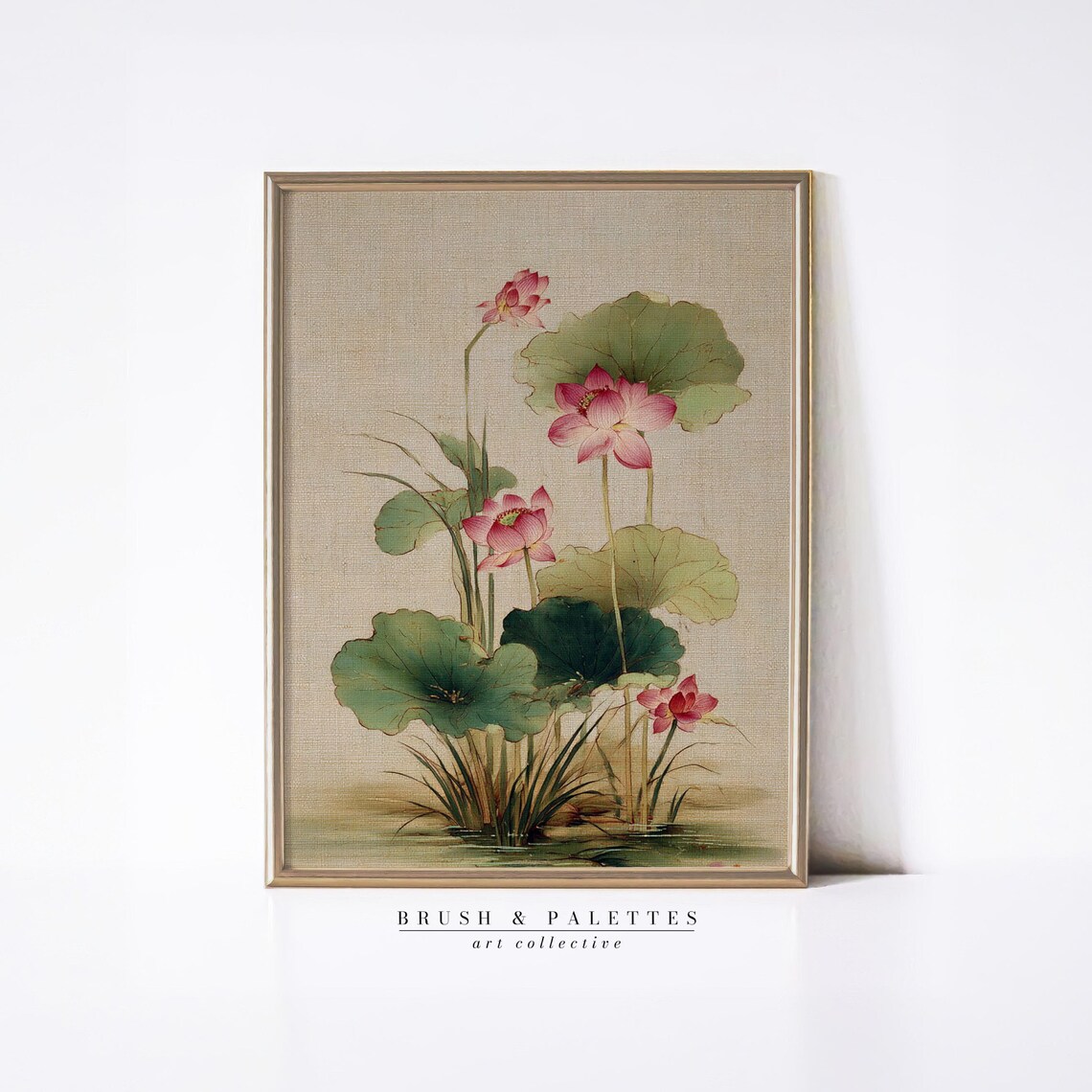 Pink Lotus Flowers With Leaves Asian Watercolor Botanical Art Poster