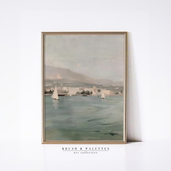 Harbor Sailboats Coastal Oil Painting Soft Pastel Sea Wall Art