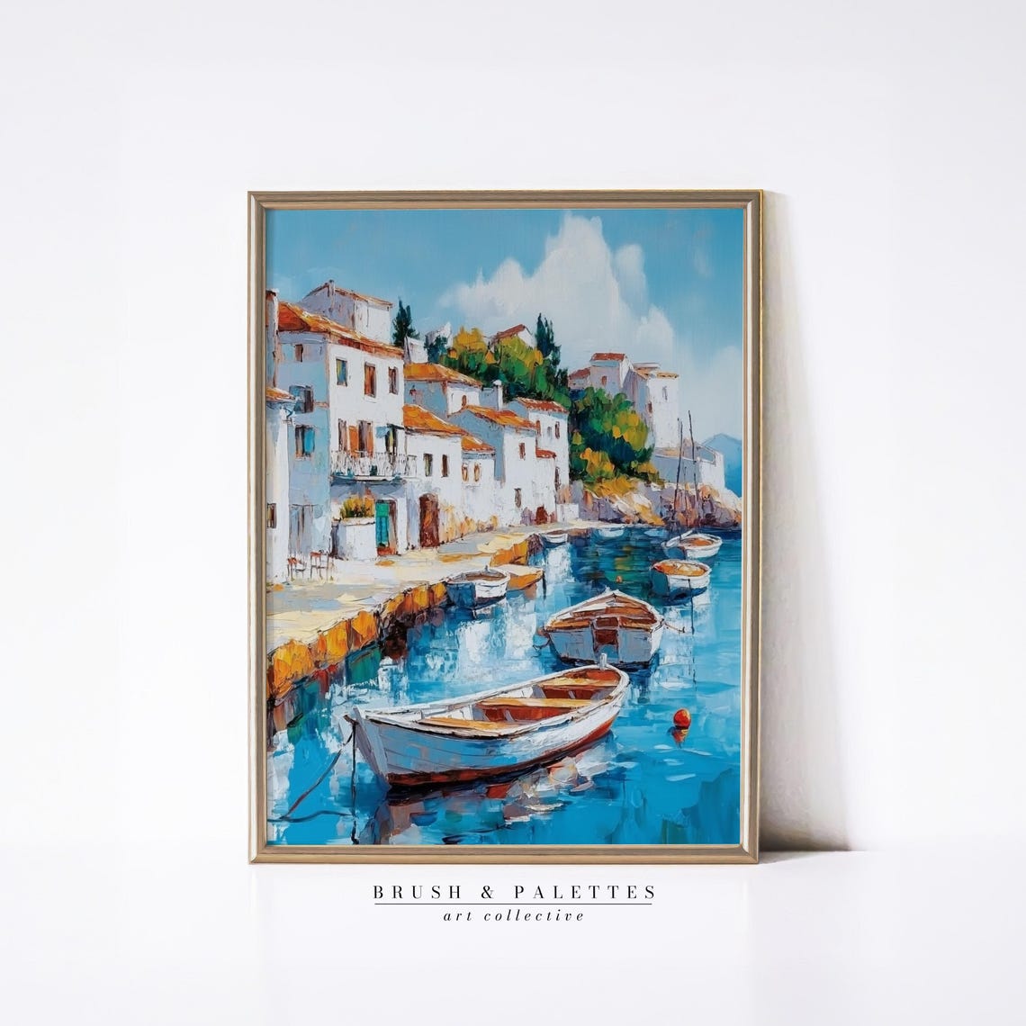 Mediterranean Coastal Harbor Town Old Whitewashed Houses Boats Poster