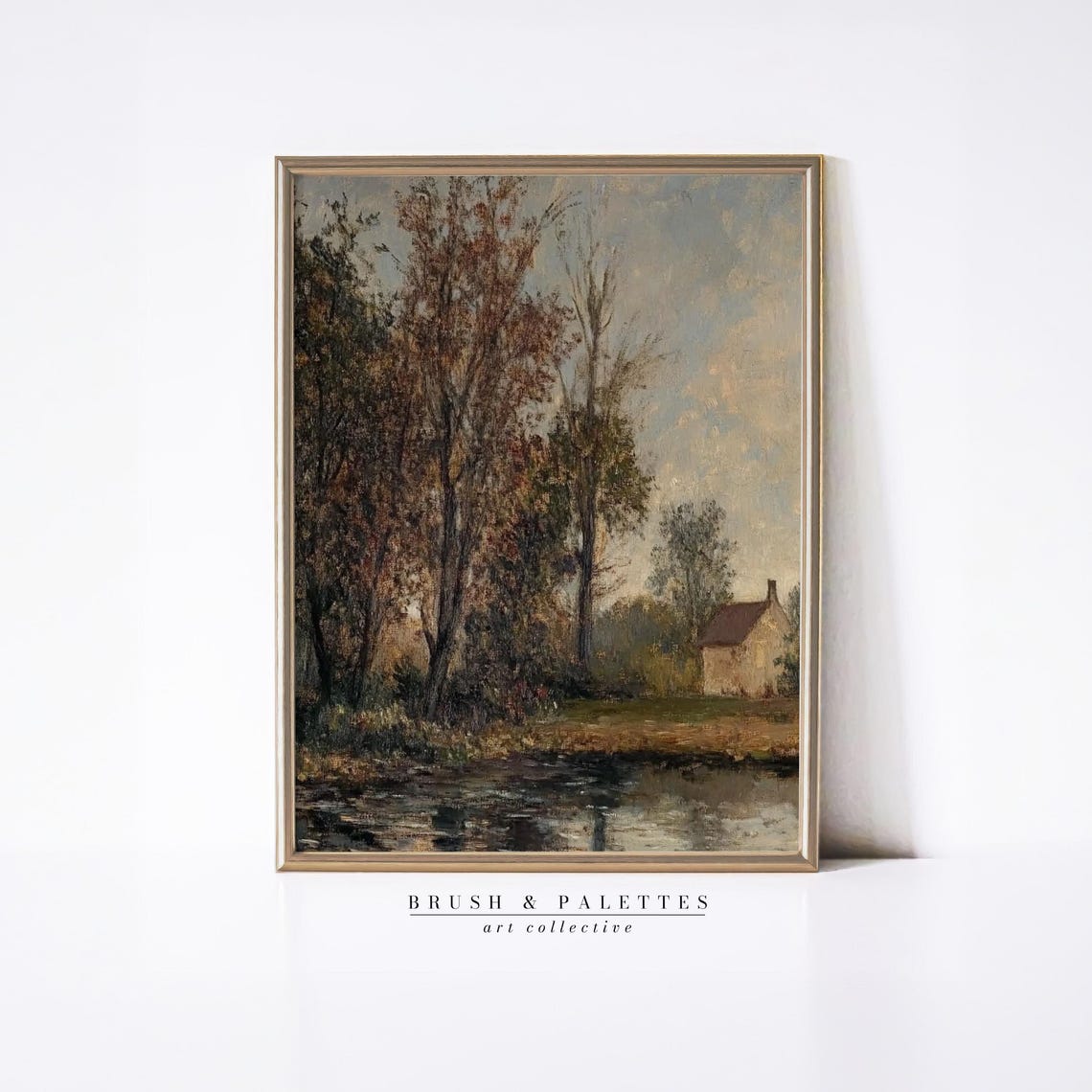 Autumn Lakeside Cottage Painting Rustic Fall Landscape Cozy Wall Art