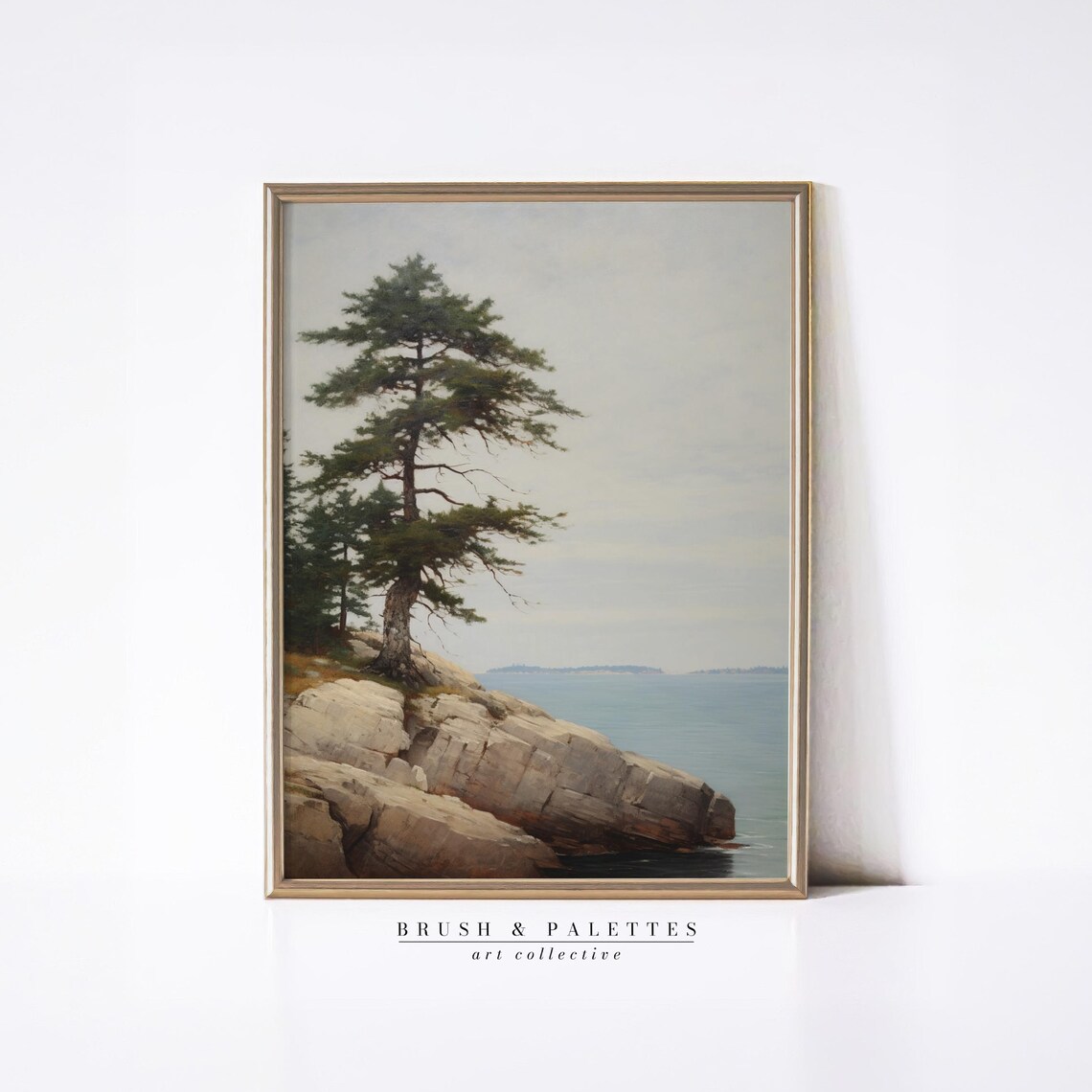 Tall Pine Tree On Rocky Ocean Coast Classic Landscape Painting Poster