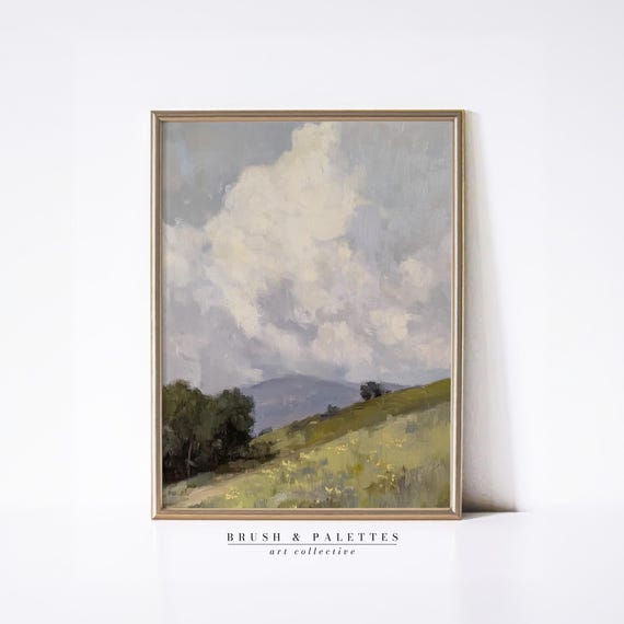 Countryside Hillside Print Vintage Landscape Painting Rustic Nature Wall Art Farmhouse Living Room Decor Cloudy Sky