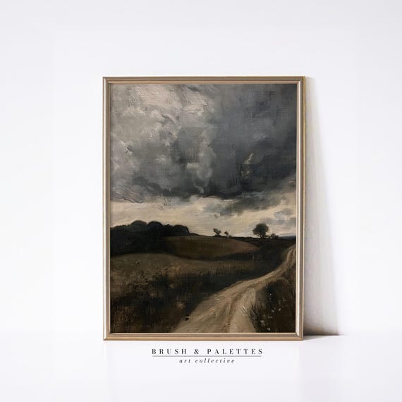 Stormy Country Road Print Moody Landscape Painting Wall Art Rustic Dark Nature For Farmhouse Or Lodge Style Decor