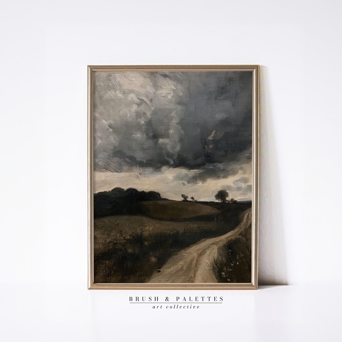 Stormy Field Winding Dirt Road Dark Clouds Moody Landscape Poster