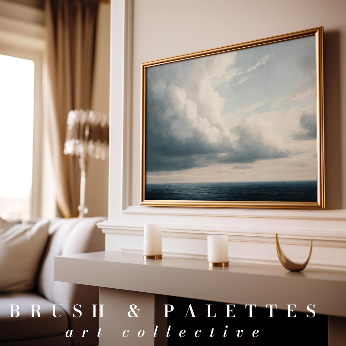 Soft Ocean Horizon Painting Calm Sea Sky Clouds Tranquil Wall Art