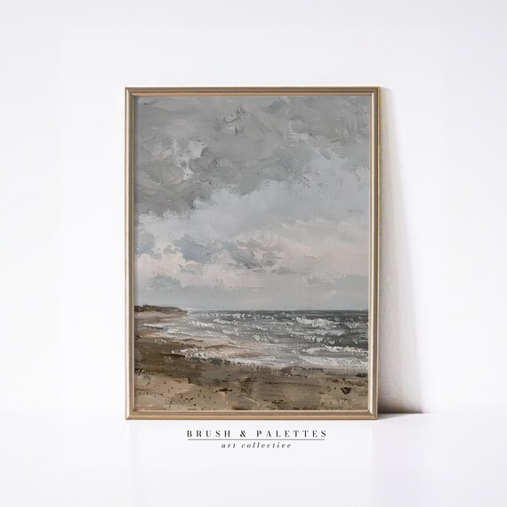Neutral Ocean Waves Beach Painting Soft Gray Coastal Seascape Poster