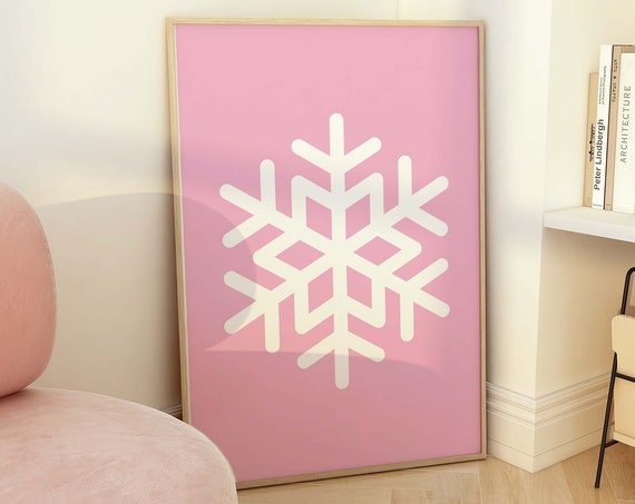 Pink Snowflake Print Art Cute Christmas Decor Pink Winter Holiday Wall Art