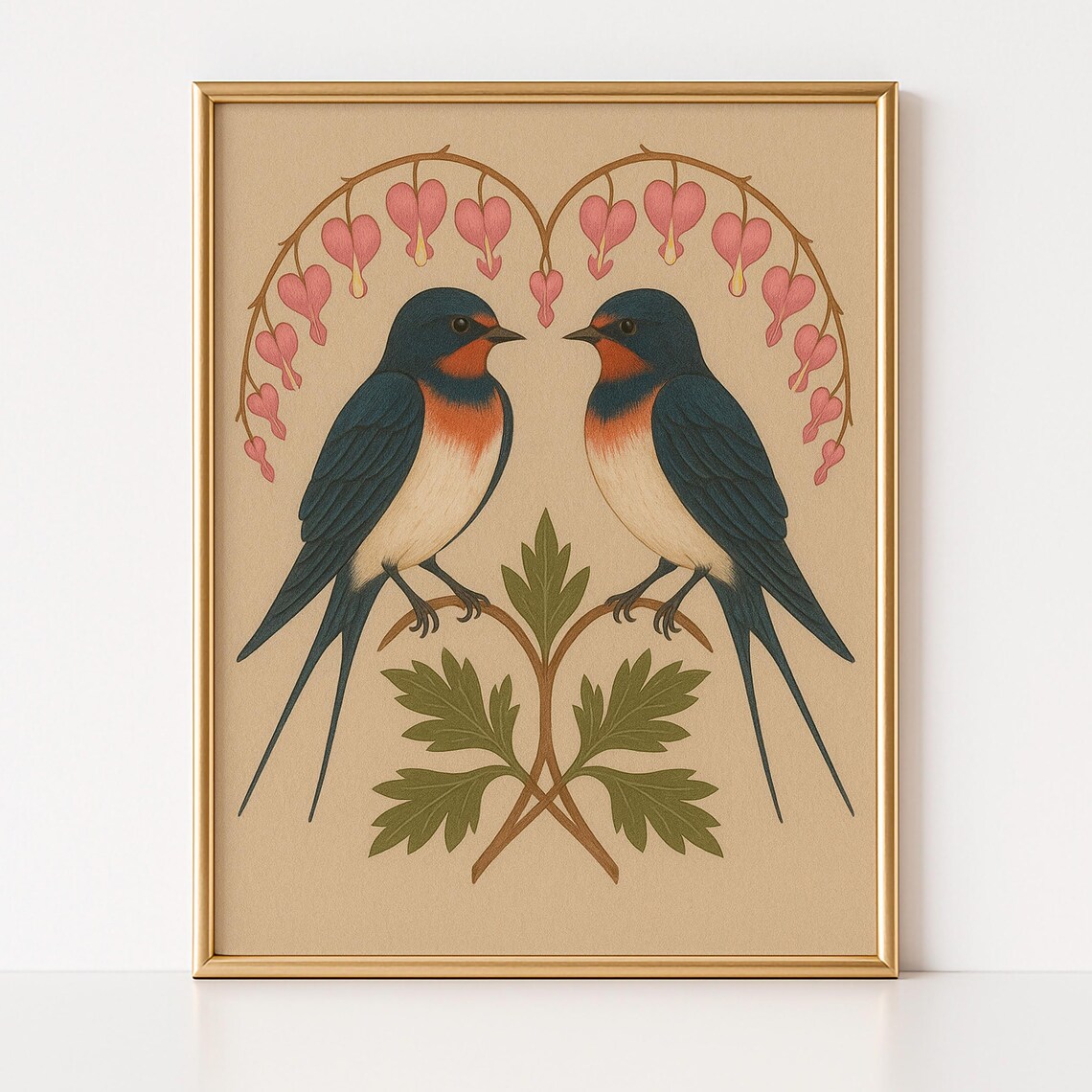 Bleeding Heart Swallow Folk Art Print, Vintage Bird Decor