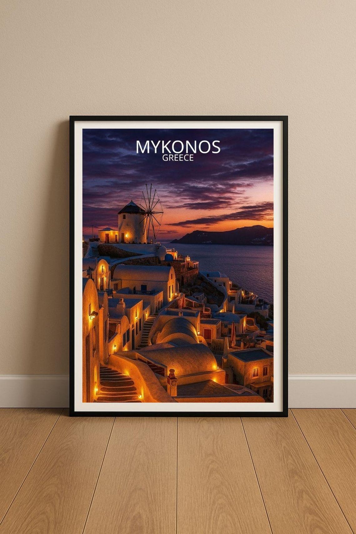 Mykonos Greece Windmill Over Whitewashed Village Sunset Sea Poster