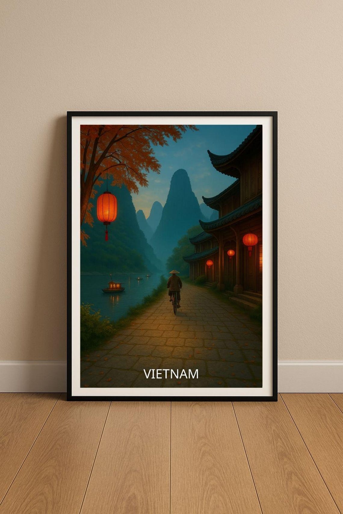 Vietnam Riverside Cyclist At Dusk Red Lanterns Village Night Poster