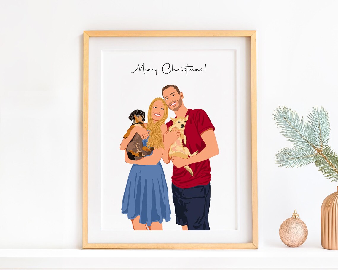 Custom Couple with Two Dogs Merry Christmas Faceless Portrait Poster
