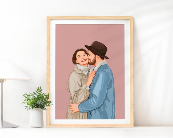 Custom Romantic Couple Embracing Faceless Portrait Illustration Poster