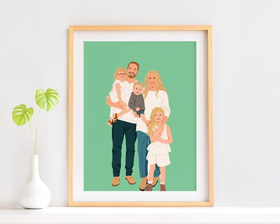 Custom Family of Five with Three Kids Faceless Portrait Illustration Poster