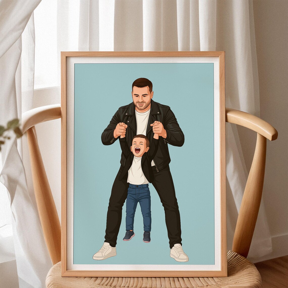 Personalized Dad and Child Shoulder Ride Sage Portrait Poster - Image 3