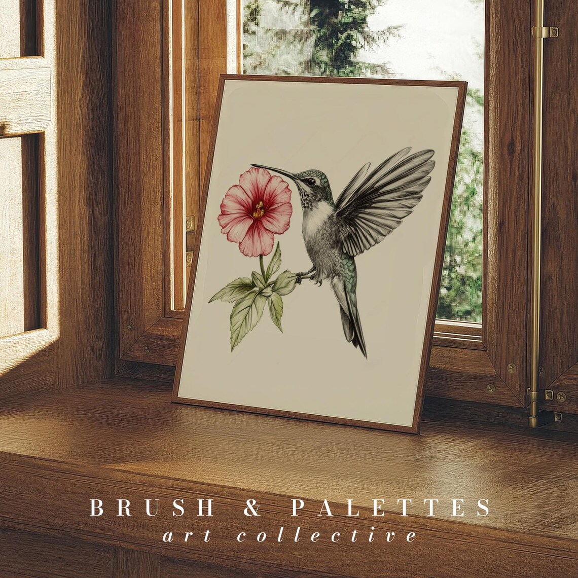 Hummingbird Pink Hibiscus Flower Pencil Sketch Botanical Bird Poster
