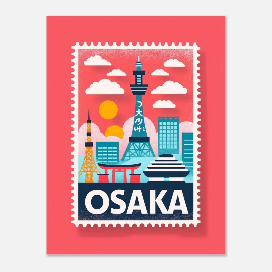 Osaka Japan Tower Torii Gate Vintage Travel Stamp Style Poster - Image 2