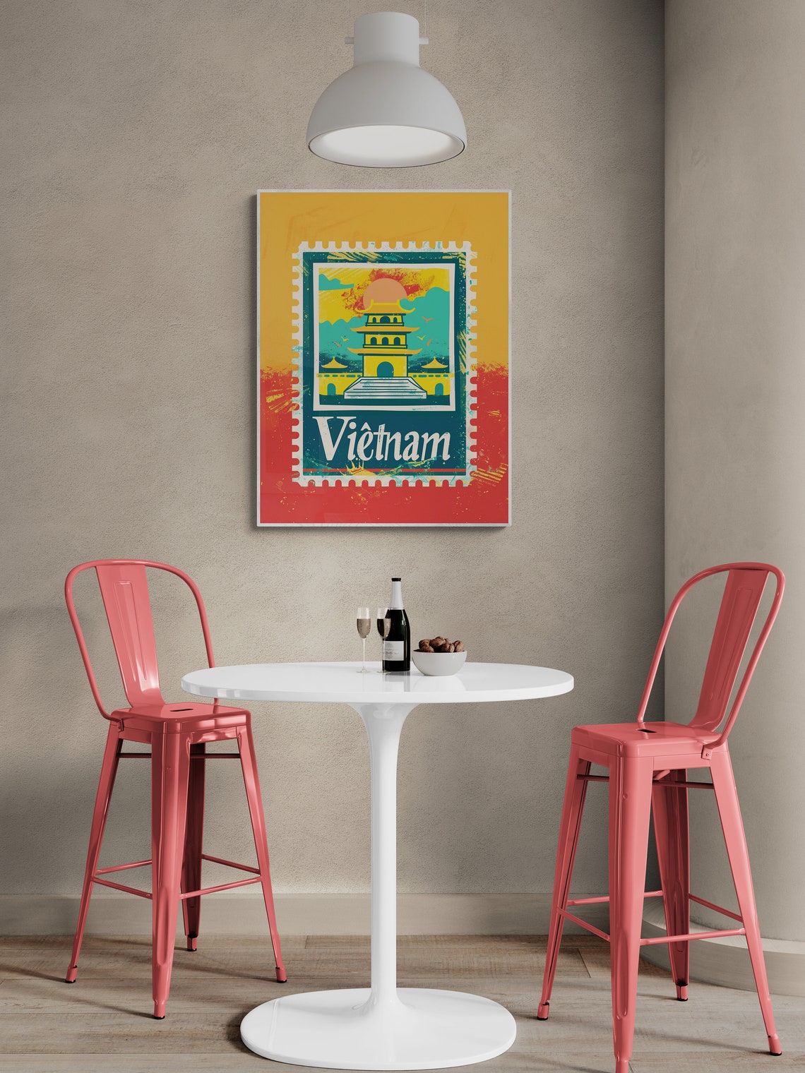 Vietnam Golden Pagoda Tower Sunset Retro Stamp Style Travel Poster - Image 5