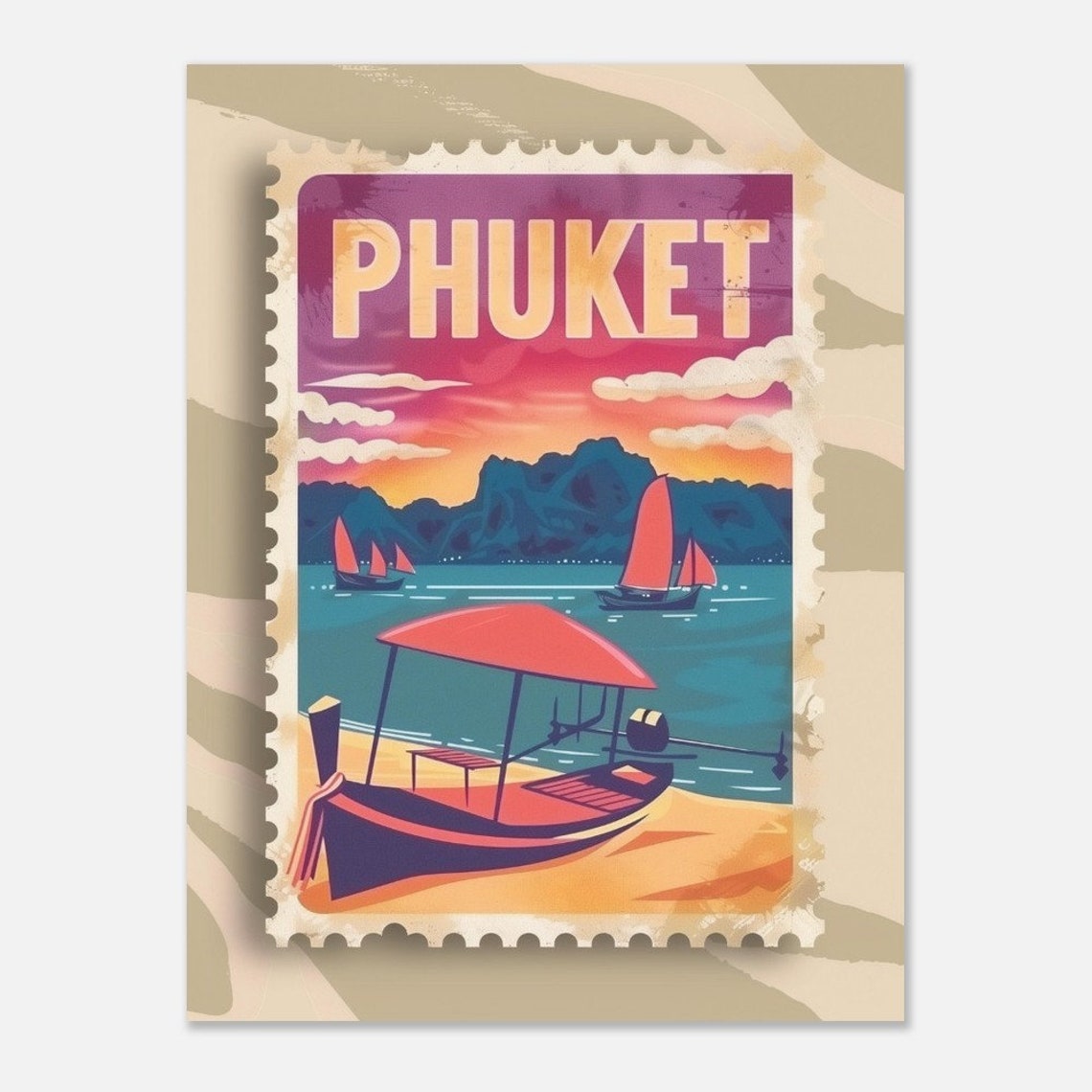 Phuket Thailand Beach Sunset Longtail Boat Stamp Travel Poster - Image 2