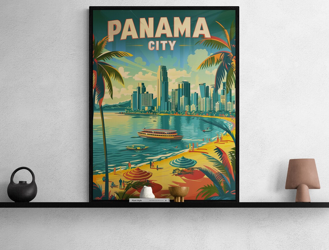 Panama City Beach Umbrellas and Skyline Vintage Tropical Travel Poster - Image 2