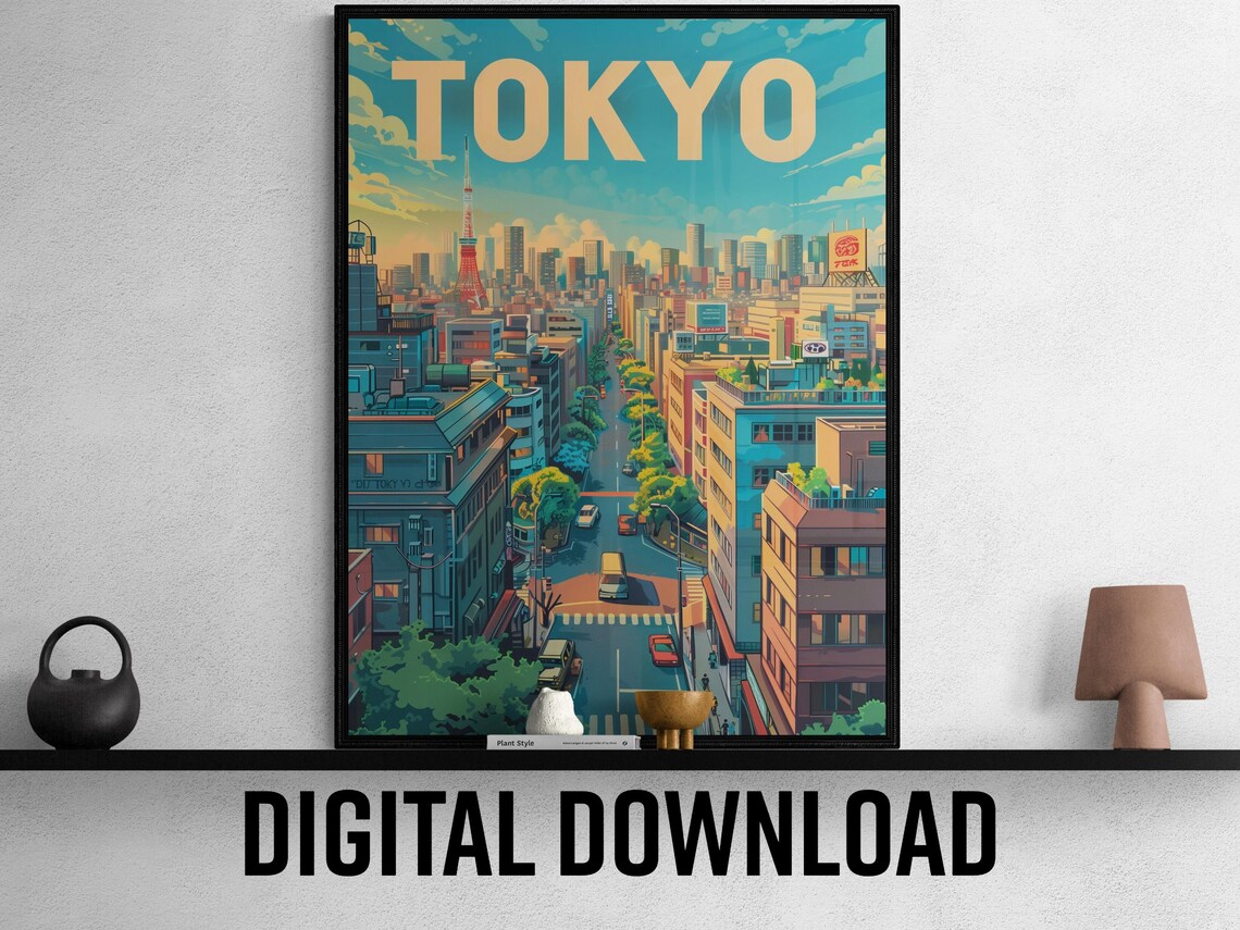 Tokyo Street Cityscape Vintage Travel Poster Japan Tower Daytime Scene