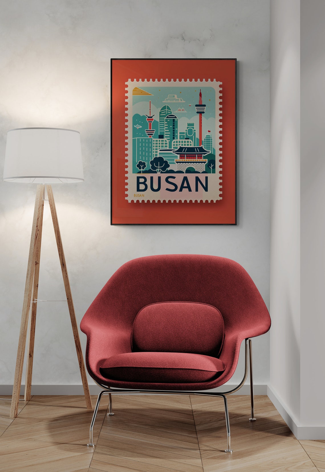Busan Korea Harbor Skyline Temple Gate Stamp Travel Art Poster - Image 3