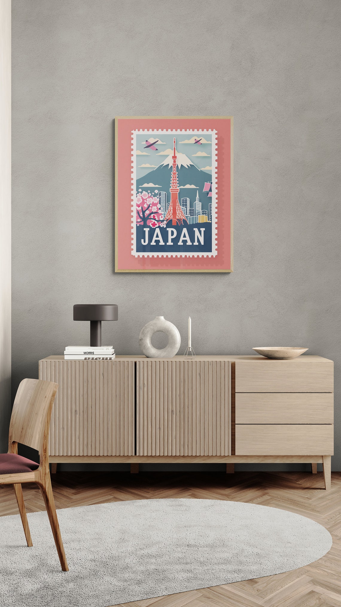 Japan Tokyo Tower Mount Fuji Cherry Blossom Vintage Stamp Poster - Image 3